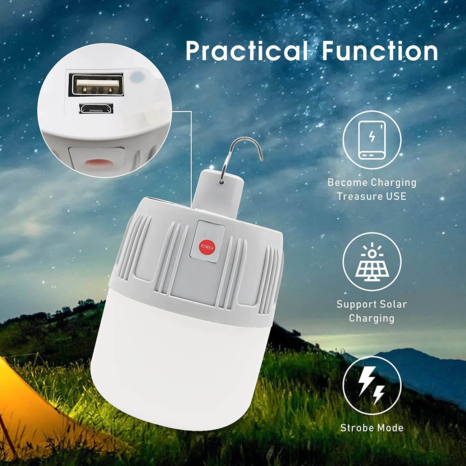 USB Rechargeable Solar Light LED Portable Emergency Sunlight Bulb 30W Waterproof Durable Energy Saving Lamp 8